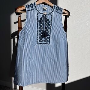J.Crew Blue & White Striped Embroidered Sleeveless Top